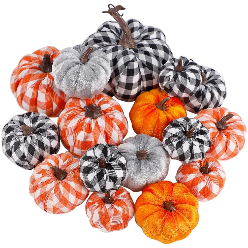 winemana 16 Pack Thanksgiving Decorations Artificial Pumpkins, Fabric Assorted Sizes Plaid Black White Orange Fall Decorations for Home Kitchen Table Indoor Friendsgiving Party Outdoor Yard