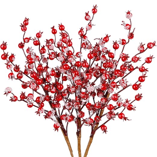 winemana 3 Pack 17 in Large Red Berry Picks, Artificial Christmas Berries Stems with Ice Snow Long Pomegranate Berry for Crafts Garland Home Party Christmas Decoration