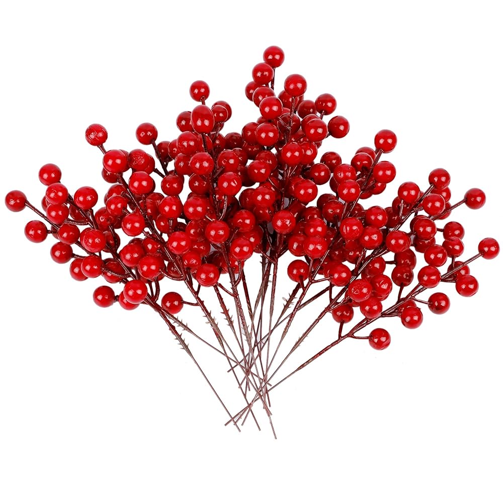 winemana 24 Pack 8 Inch Christmas Faux Picks Winter Berry Sprigs, Artificial Red Berries Stems Ornaments for Christmas Tree DIY Crafts Wreath Garland Decor