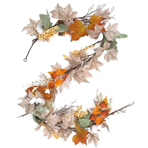 winemana Fall Garland Decor, Maple Leaves Garlands Decorations for Home with Pumpkins, 6FT Autumn Thanksgiving Decoration for Indoor Outdoor Mantel Fireplace Farmhouse Porch Table
