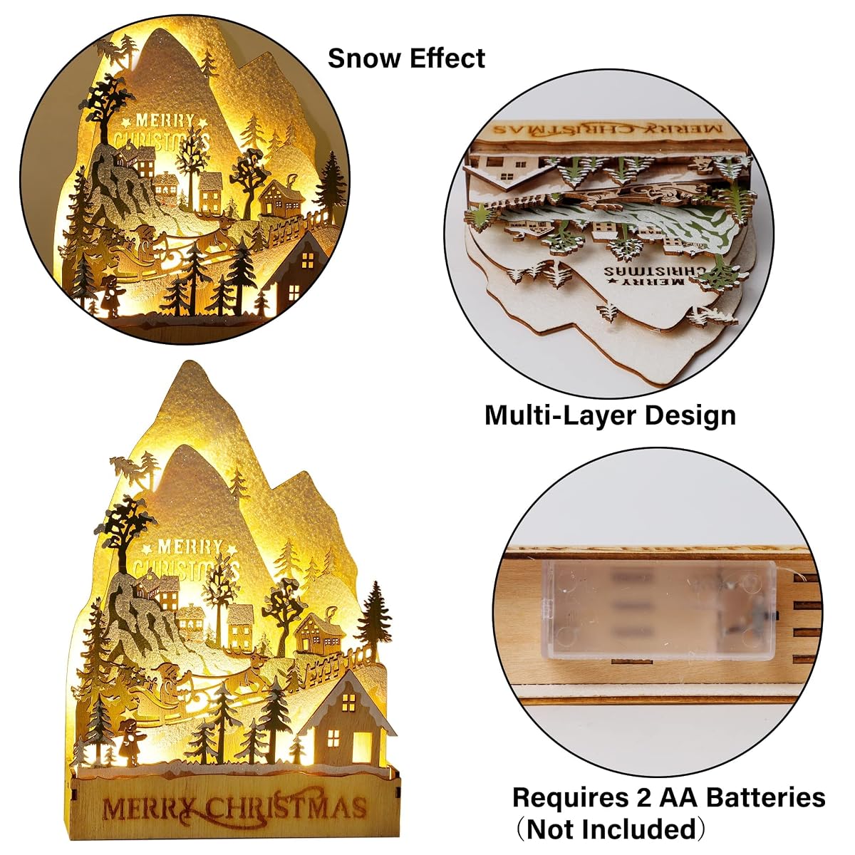 winemana Christmas Lighted Table Decorations, 9.4" x 6.7" Merry Christmas Snowy Village, Battery-Operated Wooden Tabletop Ornaments for Home Kitchen Fireplace Office Desk Indoor Holiday Decor - detail image 2