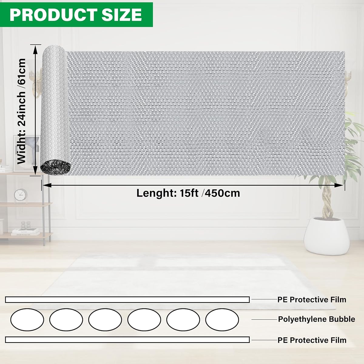 winemana Window Insulation Roll, 24IN x 15FT Reflective Heat Shield Bubble Film, Double-Sided Aluminum Foil Insulation, Weatherproof Garage Door Cover for Windows, RV, Basement, Winter & Summer - imagem de detalhe 2