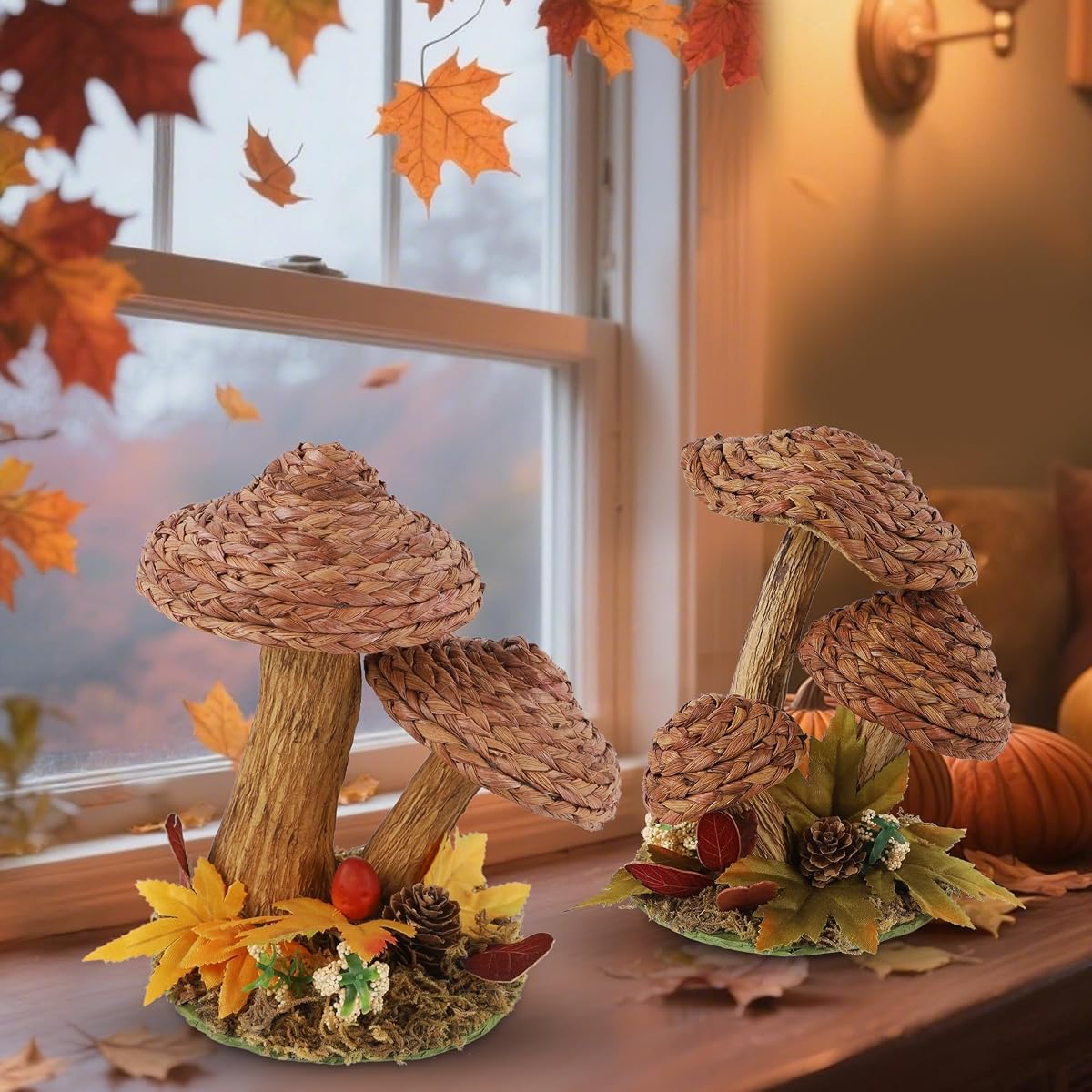 winemana 2 Pack Mushroom Fall Decor - Handmade Woven Mushrooms Figurines, Rustic Farmhouse Table Centerpieces for Thanksgiving, Autumn Home, Shelf & Kitchen Decor - imagen de detalle 1