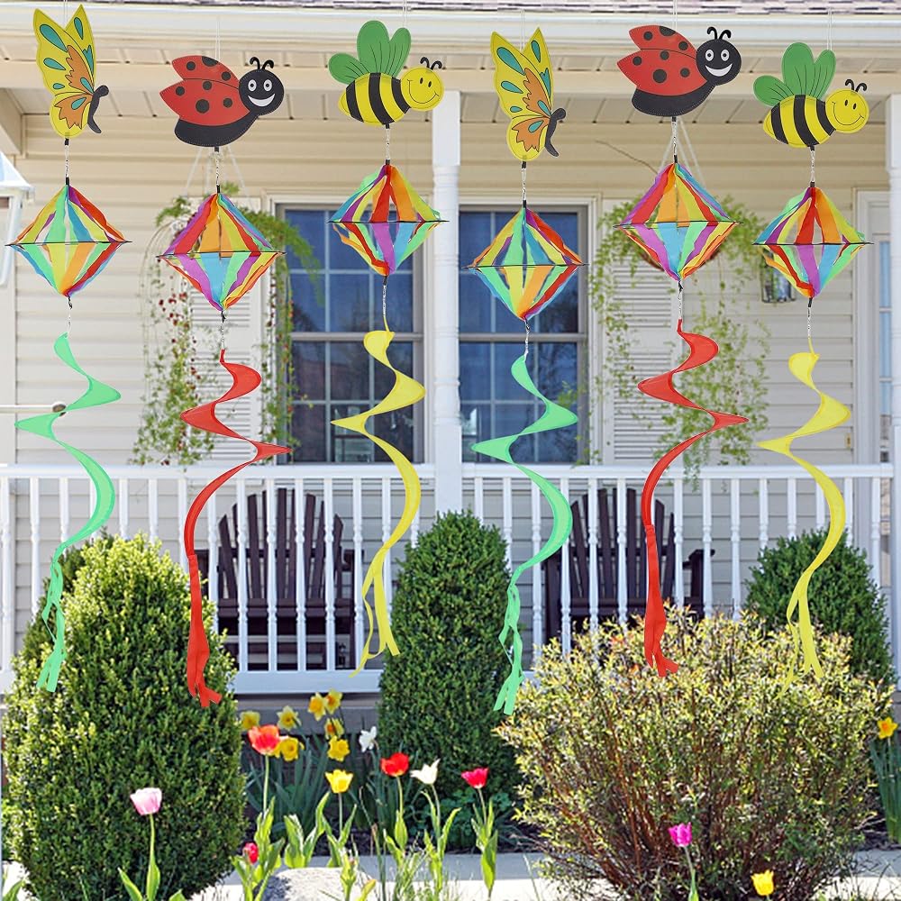 winemana 4 FT Wind Spinner Outdoor Hanging Decorations, Set of 6 Wind Spiral Butterfly Bee Ladybug Wind Twister for Yard Garden Lawn Porch Spring Decor