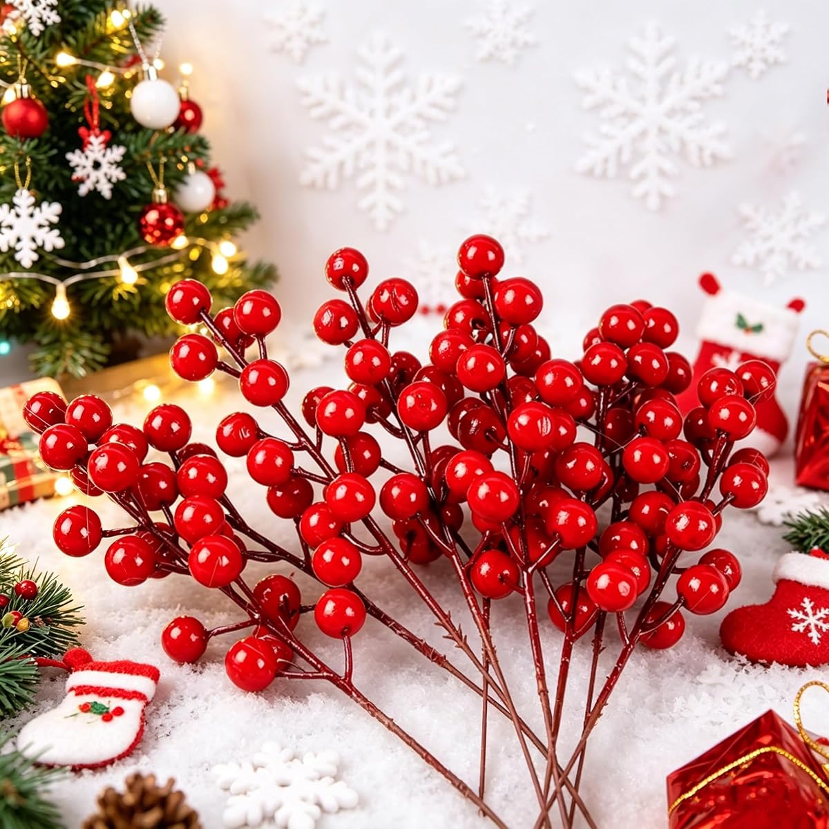 winemana 24 Pack 8 Inch Christmas Faux Picks Winter Berry Sprigs, Artificial Red Berries Stems Ornaments for Christmas Tree DIY Crafts Wreath Garland Decor - detail image 3