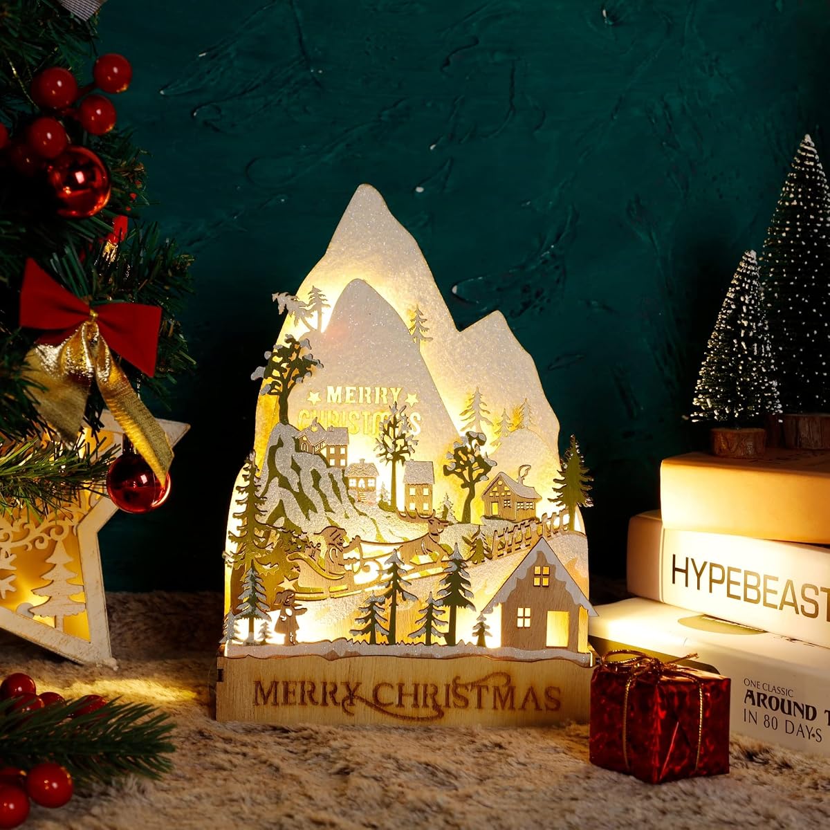 winemana Christmas Lighted Table Decorations, 9.4" x 6.7" Merry Christmas Snowy Village, Battery-Operated Wooden Tabletop Ornaments for Home Kitchen Fireplace Office Desk Indoor Holiday Decor - detail image 3