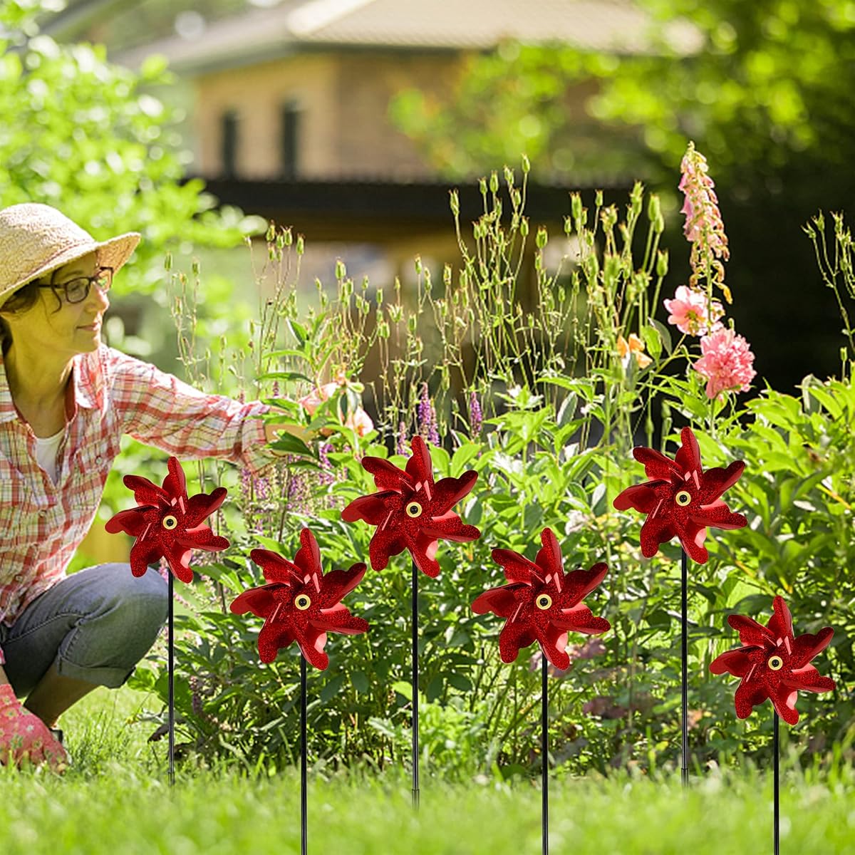 winemana 10 Pcs Reflective Pinwheels, 19 Inch Pinwheel with Garden Stakes Scare Birds for Garden Yard Lawn Farm Decor (Red) - imagem de detalhe 5