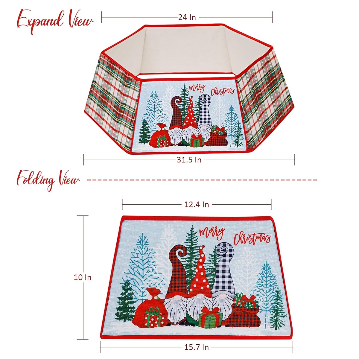 winemana Christmas Tree Collar, 31.5 Inch Buffalo Plaid Christmas Tree Skirt with Santa Claus Gnome Pattern, Merry Christmas Party Ornaments Holiday Home Decorations - 细节图 1