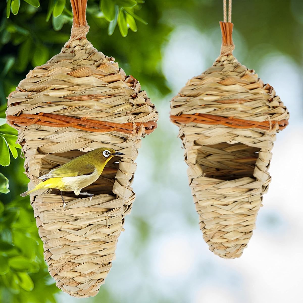 winemana 2 Pack Hanging Hummingbird Nest House, Durable Hand Woven Bird Hut, Made of Natural Grass, Perfect for Outdoor Garden Patio Lawn - imagem de detalhe 5