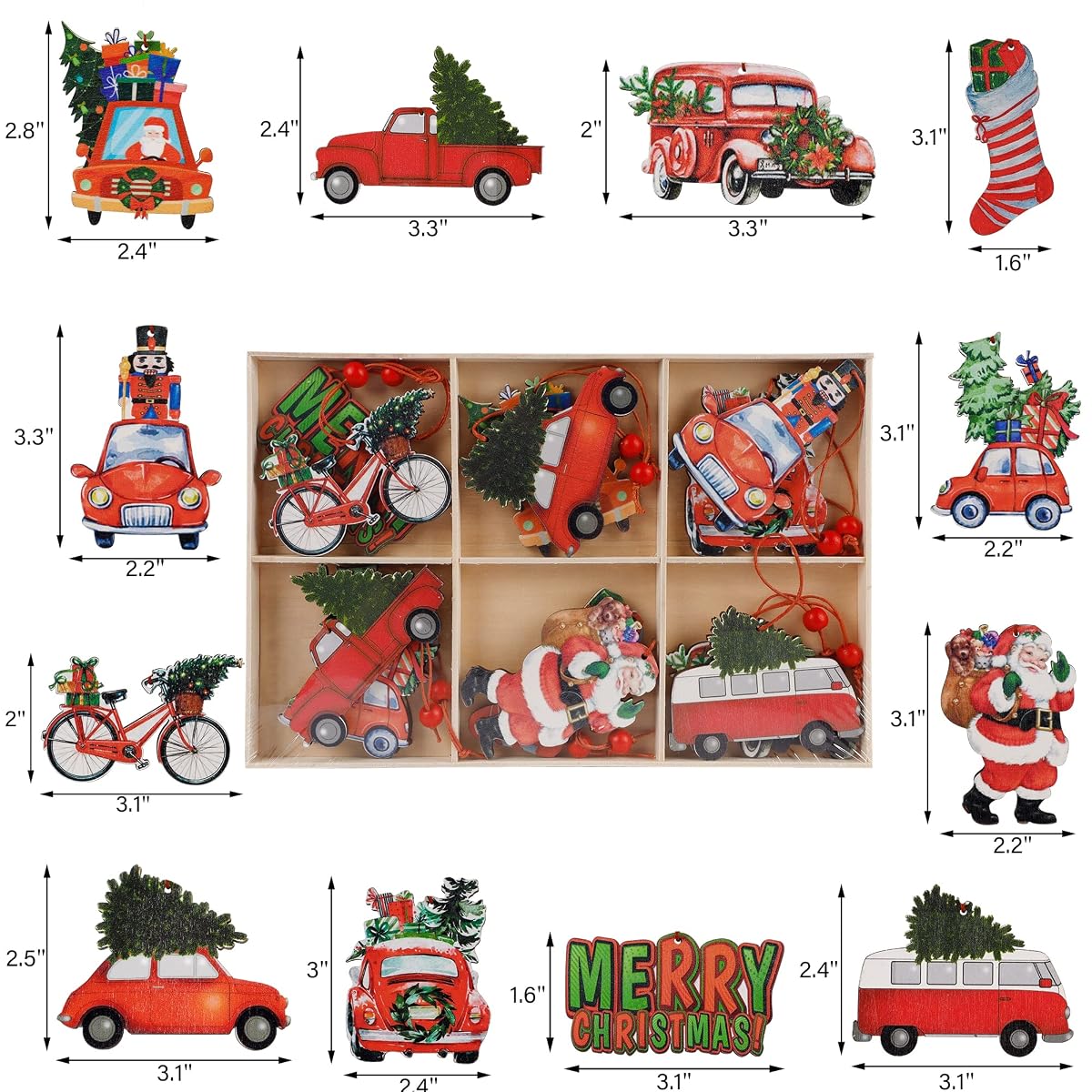 winemana Christmas Tree Ornaments Red Truck, 12 Pcs Hanging Wooden Ornament Set, Santa Claus Merry Christmas Car Vintage Crafts for Xmas Tree Garland Decorations - imagem de detalhe 1