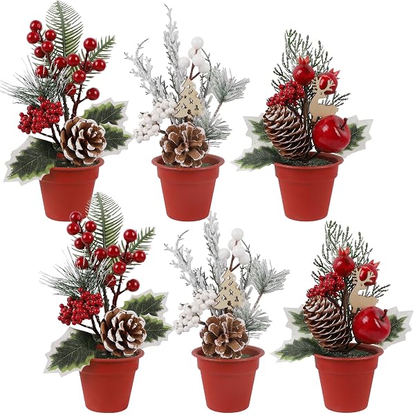 winemana Mini Christmas Tree Table Decorations, 6 Pcs Small Artificial Tree with Pine Cones & Red Berry, Holiday Tabletop Centerpiece for Home Kitchen Room Mantel Winter Party Decor