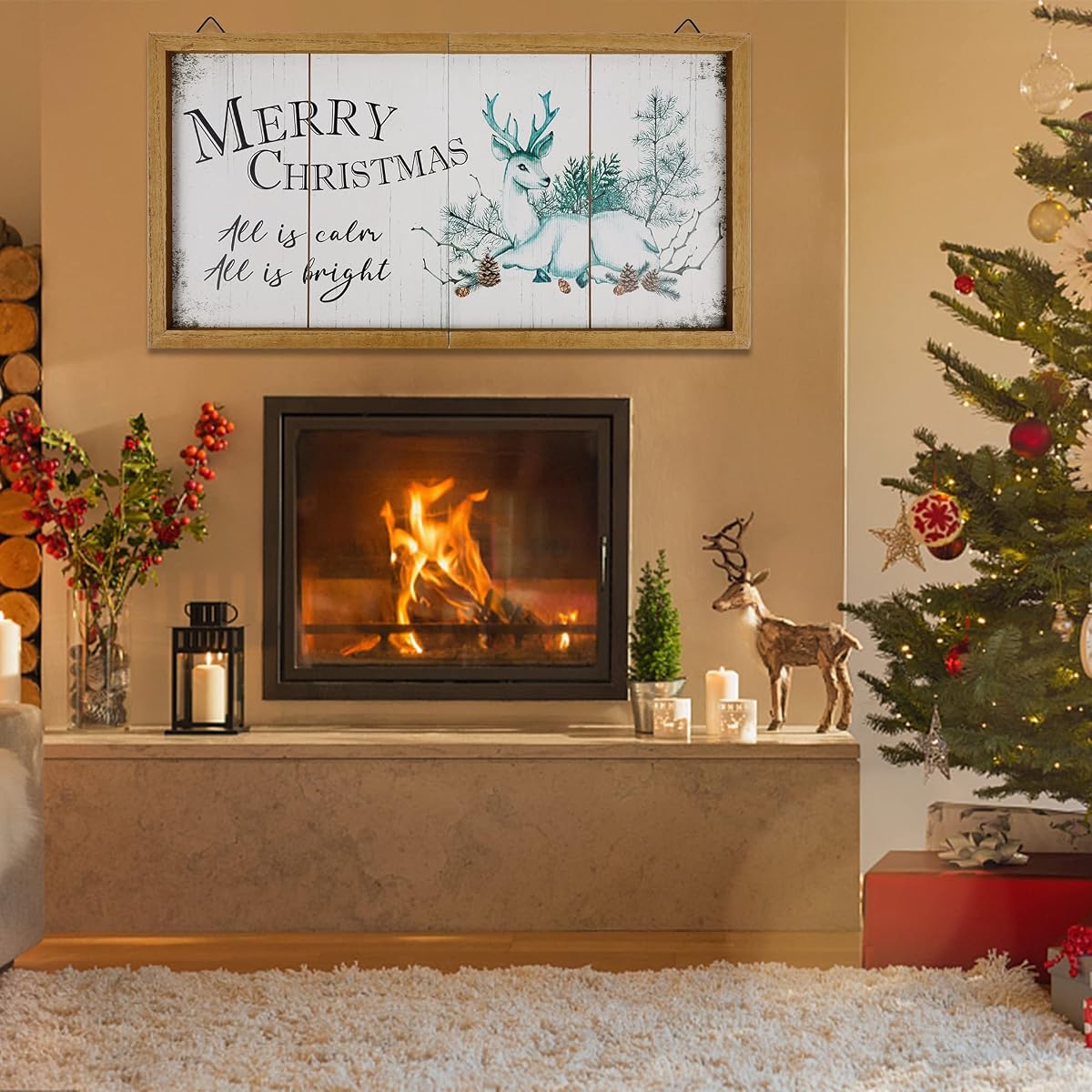 winemana Merry Christmas Wooden Sign Wall Decor, 20" x 10.4" Foldable Hanging Decorative Sign Christmas Decorations, Reindeer Wall Art for Home Kitchen Living Room Fireplace Indoor Holiday Decor - imagem de detalhe 4