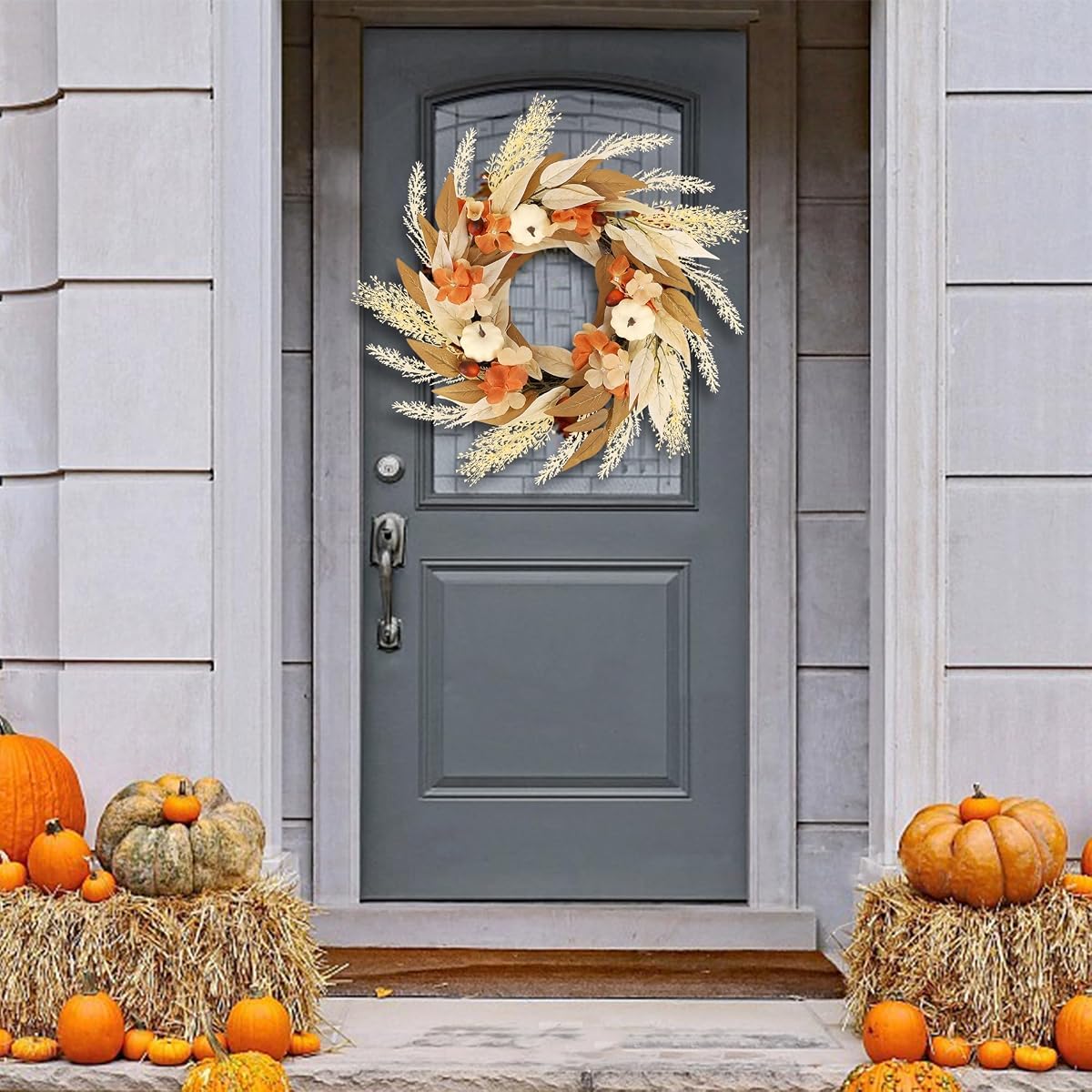 winemana Fall Wreath Decor Wreaths for Front Door Thanksgiving Indoor Decorations, 21.6 Inch Autumn Wreath with White Pumpkin for Table Home Outdoor Farmhouse Harvest Decor - imagem de detalhe 3