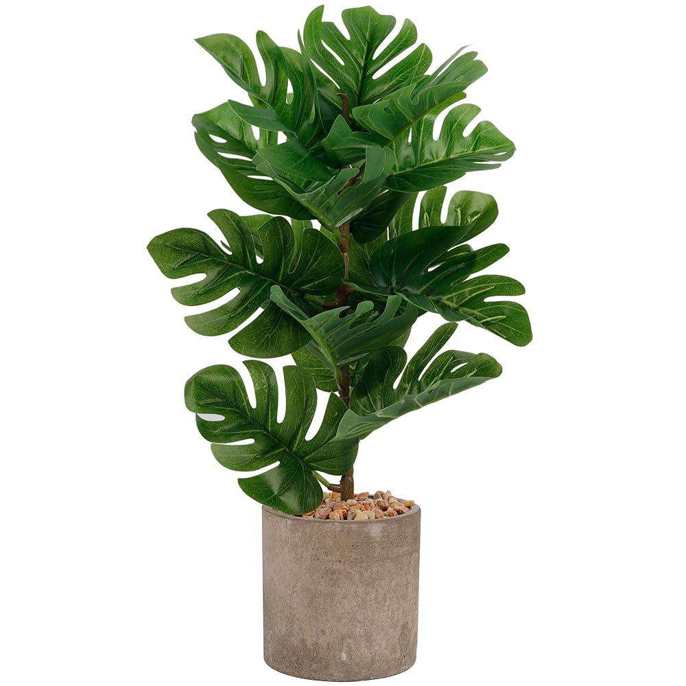 winemana 17 inches Artificial Potted Greenery Green Leaf Plants, Monstera Leaf Small Plants for Office Desk Indoor Outdoor Decoration (Emerald Green)