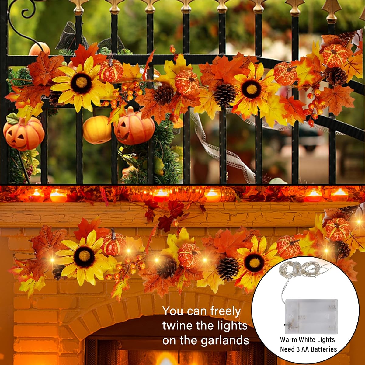 winemana Fall Maple Leaves Garland 50 LED Lights Thanksgiving & Friendsgiving Decorations, 6 Ft Hanging Vine Artificial Sunflower Pumpkin Decor for Fireplace Home Doorway Party Indoor Outdoor - imagen de detalle 3
