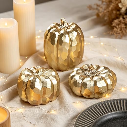 winemana 3 Pack Gold Pumpkins Fall Decorations for Home