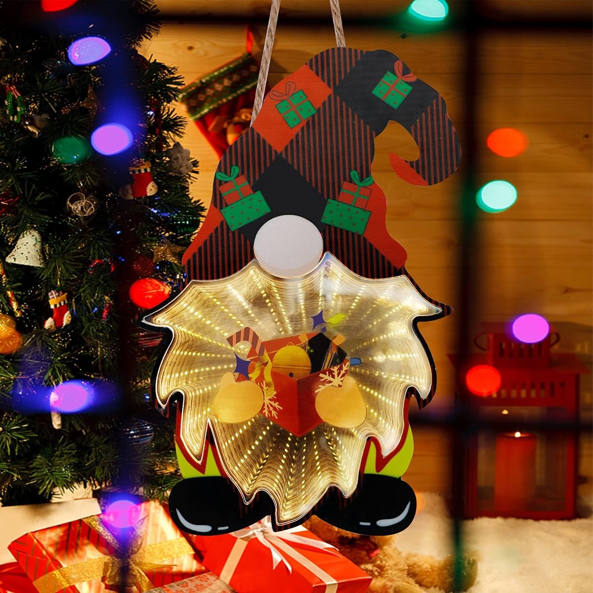winemana Christmas Decorations Door Sign, 12" x 8" Santa Gnome with LED Lights, Xmas Hanging Sign with Infinity Mirror Tunnel Lights for Window Front Door Wall Indoor Outdoor Party - imagen de detalle 2