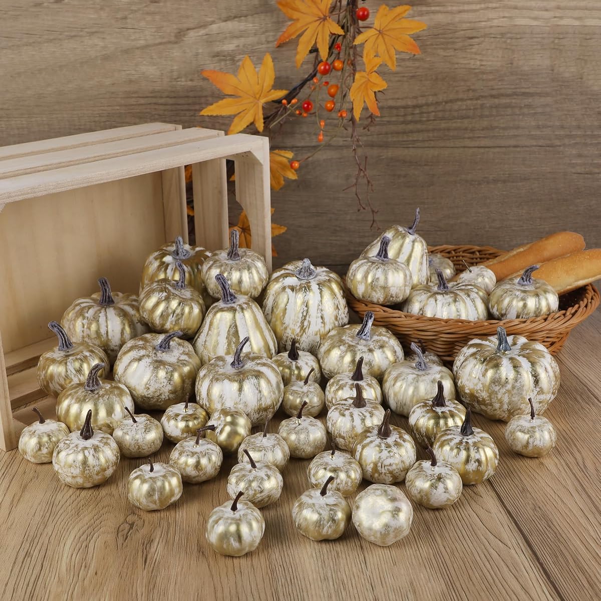 winemana 46 Pcs Artificial Gold Pumpkins Fall Decorations for Home - imagen de detalle 6