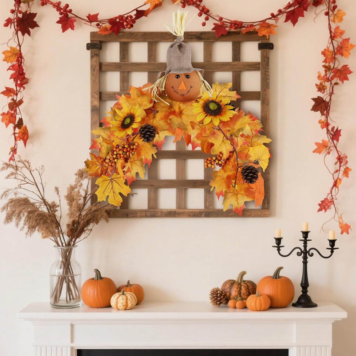 winemana 31.5in Outdoor Fall Decor for Mailbox, Lighted Fall Swag with 8 Modes & Timer, Autumn Scarecrow & Sunflower Thanksgiving Table Centerpiece Decorations - imagem de detalhe 6