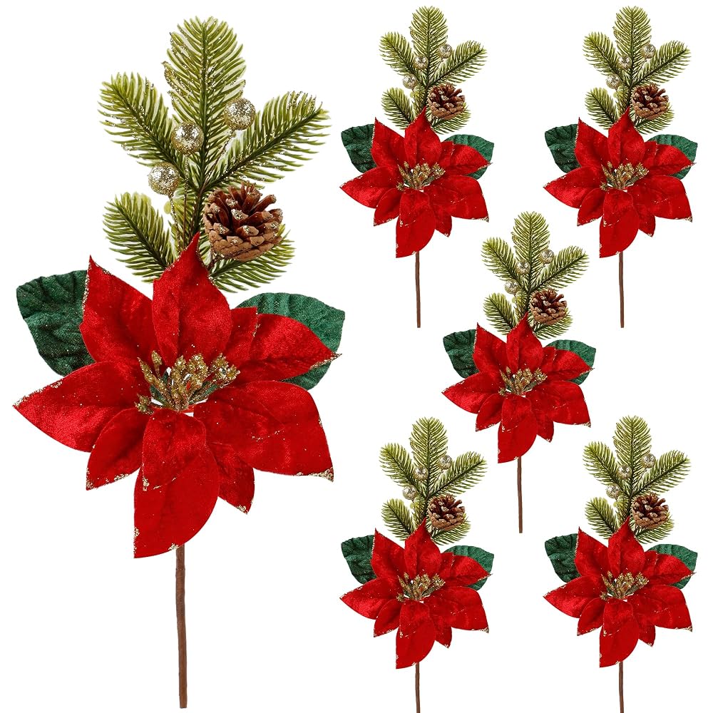 winemana 6 Pack 13.8'' Christmas Elegant Faux Evergreen Sprigs + Gold Globe & Red Flower Ornaments + Pine Cone + Green Poinsettia Leaf + Flowers in Clever Pine Cone Shape