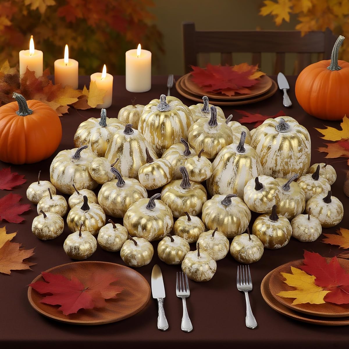 winemana 46 Pcs Artificial Gold Pumpkins Fall Decorations for Home - imagen de detalle 1