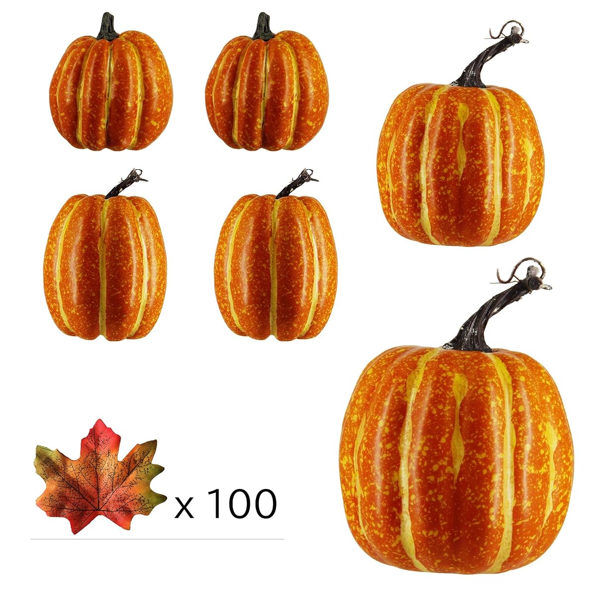 winemana Thanksgiving Decorations Artificial Pumpkins, Realistic Foam Yellow Pumpkin with 100 pcs Maple Leaves Made of Cloth, Fall Decorations for Home Kitchen Table Indoor Outdoor - 细节图 1