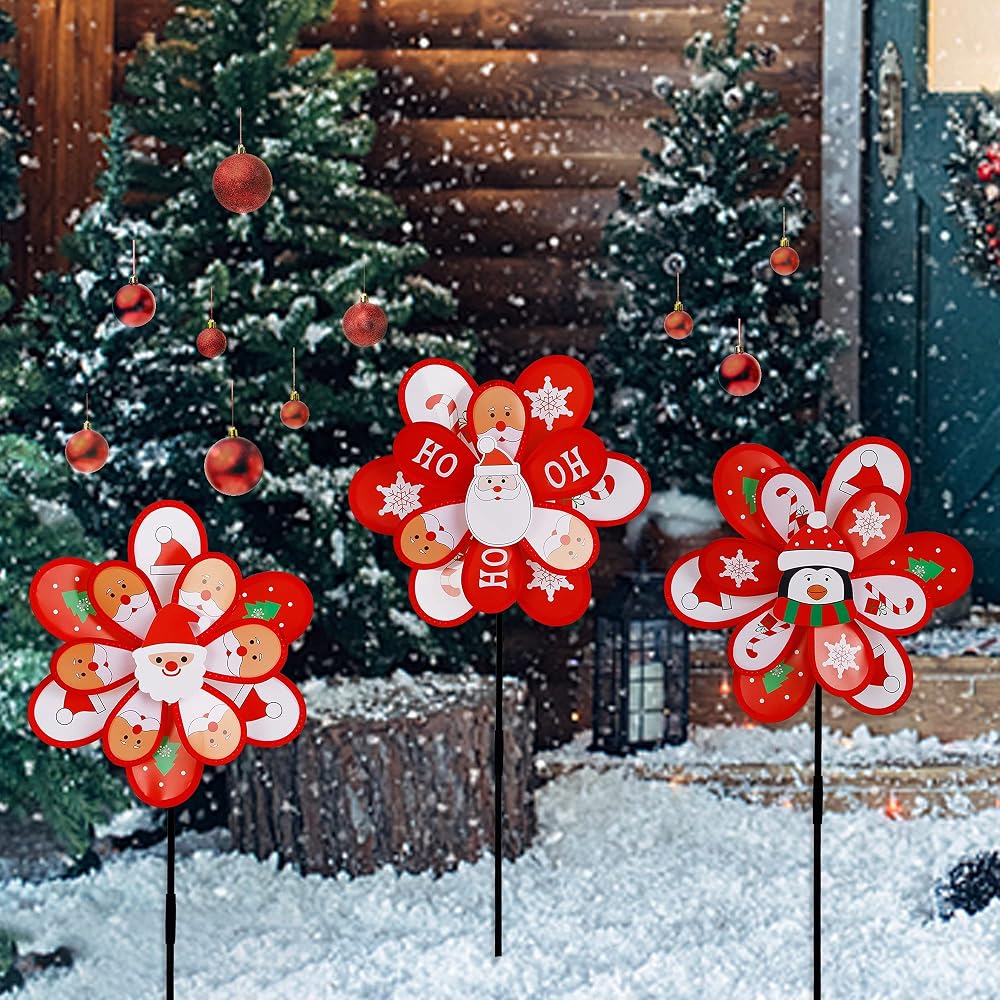 winemana Christmas Yard Decorations Pinwheels with Stakes, Set of 3 DIY Wind Spinner Windmill with Santa Claus Penguin Ornaments for Outdoor Garden Lawn Front Porch Winter Xmas Decor