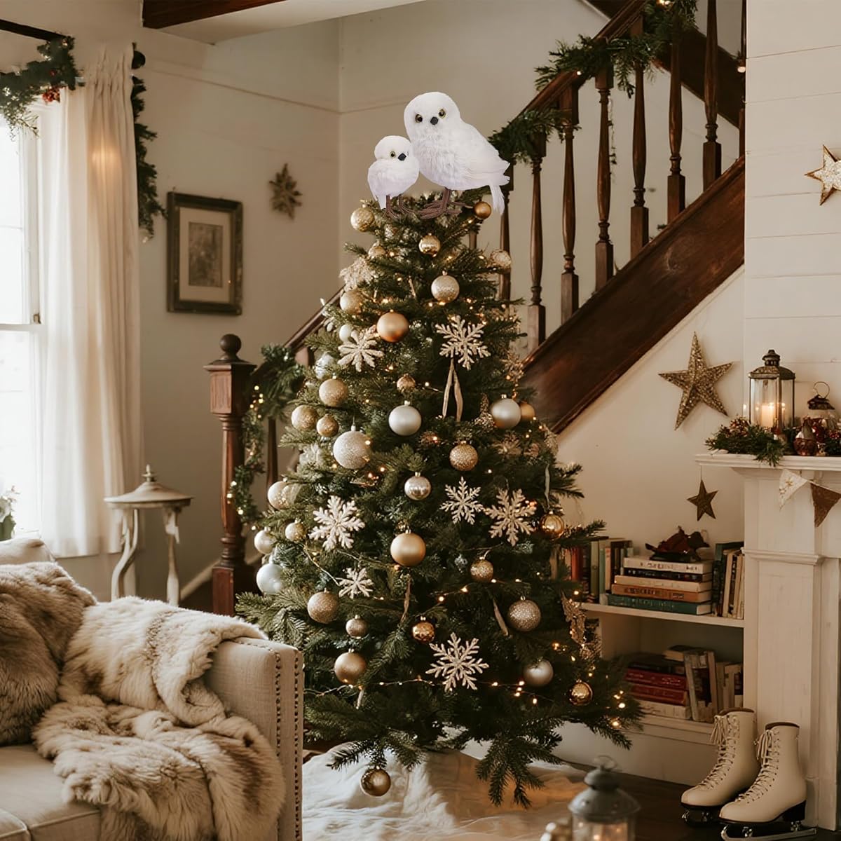 winemana Winter Decorations White Owl Figurine, Set of 2 Christmas Furry Owls Ornaments, Holiday Decor Table Decorations for Home Party - imagen de detalle 3