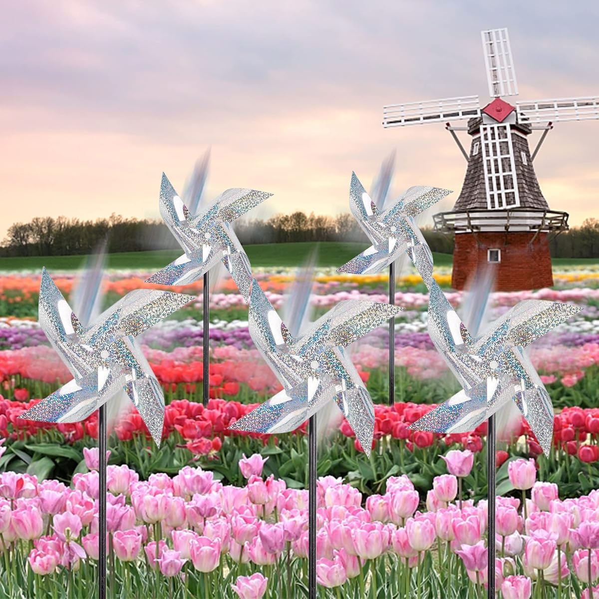 winemana 12 Pcs Reflective Pinwheels, 19 Inch Pinwheel with Stakes, Keep Birds Away Scare Bird Pinwheels for Garden Lawn Yard Backyard Farm Decor (Silvery) - detail image 4