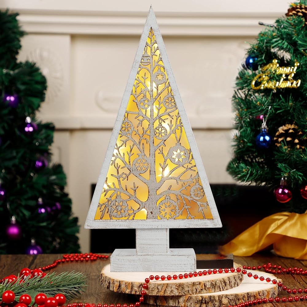 DR.DUDU Christmas Table Decorations, Christmas Tree with Hollow Star Lights Ornament, 16" x 8" Xmas Lighted Metal Tabletop Centerpiece Holiday Decor for Indoor Home Kitchen Room Office