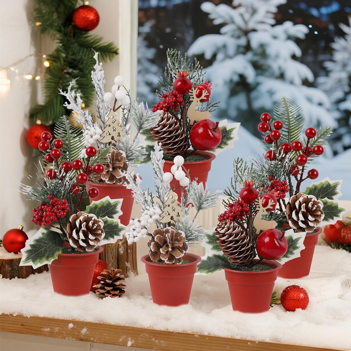 winemana Mini Christmas Tree Table Decorations, 6 Pcs Small Artificial Tree with Pine Cones & Red Berry, Holiday Tabletop Centerpiece for Home Kitchen Room Mantel Winter Party Decor - imagen de detalle 5