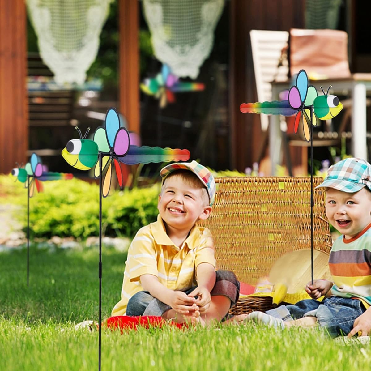 winemana 3 Pcs Garden Decor Wind Spinner, 35 Inch 3D Dragonfly Pinwheels Windmill with Garden Stakes, Outdoor Pinwheel for Yard Garden Lawn Spring Party Decorations - detail image 3