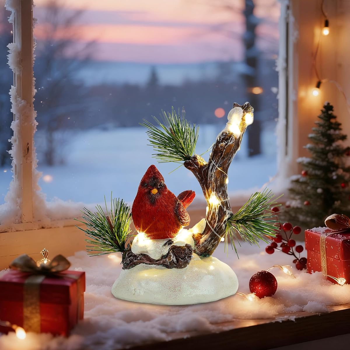 winemana Christmas Tabletop Decorations, LED Lights Cardinal Resin Ornament, Lighted Red Bird on Snowy Pine Tree Holiday Decor for Indoor Home Table Desk Kitchen Room Xmas Party - imagen de detalle 3
