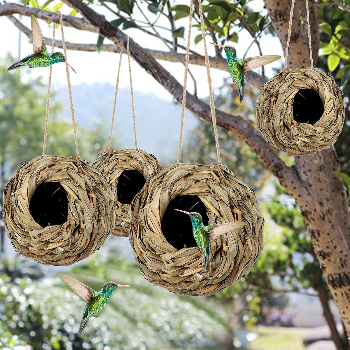 winemana 4 Pack Hanging Bird Nest House for Outside, Ball Shape, Hand Woven, Durable Sturdy, Made of Natural Grass, Perfect for Garden Patio Lawn Office Indoor - imagem de detalhe 4