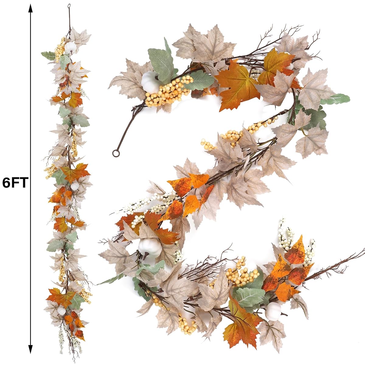 winemana Fall Garland Decor, Maple Leaves Garlands Decorations for Home with Pumpkins, 6FT Autumn Thanksgiving Decoration for Indoor Outdoor Mantel Fireplace Farmhouse Porch Table - imagem de detalhe 2