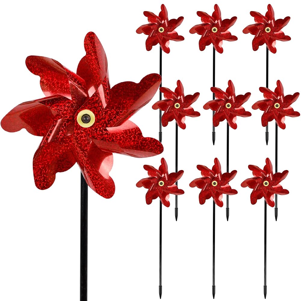 winemana 10 Pcs Reflective Pinwheels, 19 Inch Pinwheel with Garden Stakes Scare Birds for Garden Yard Lawn Farm Decor (Red)