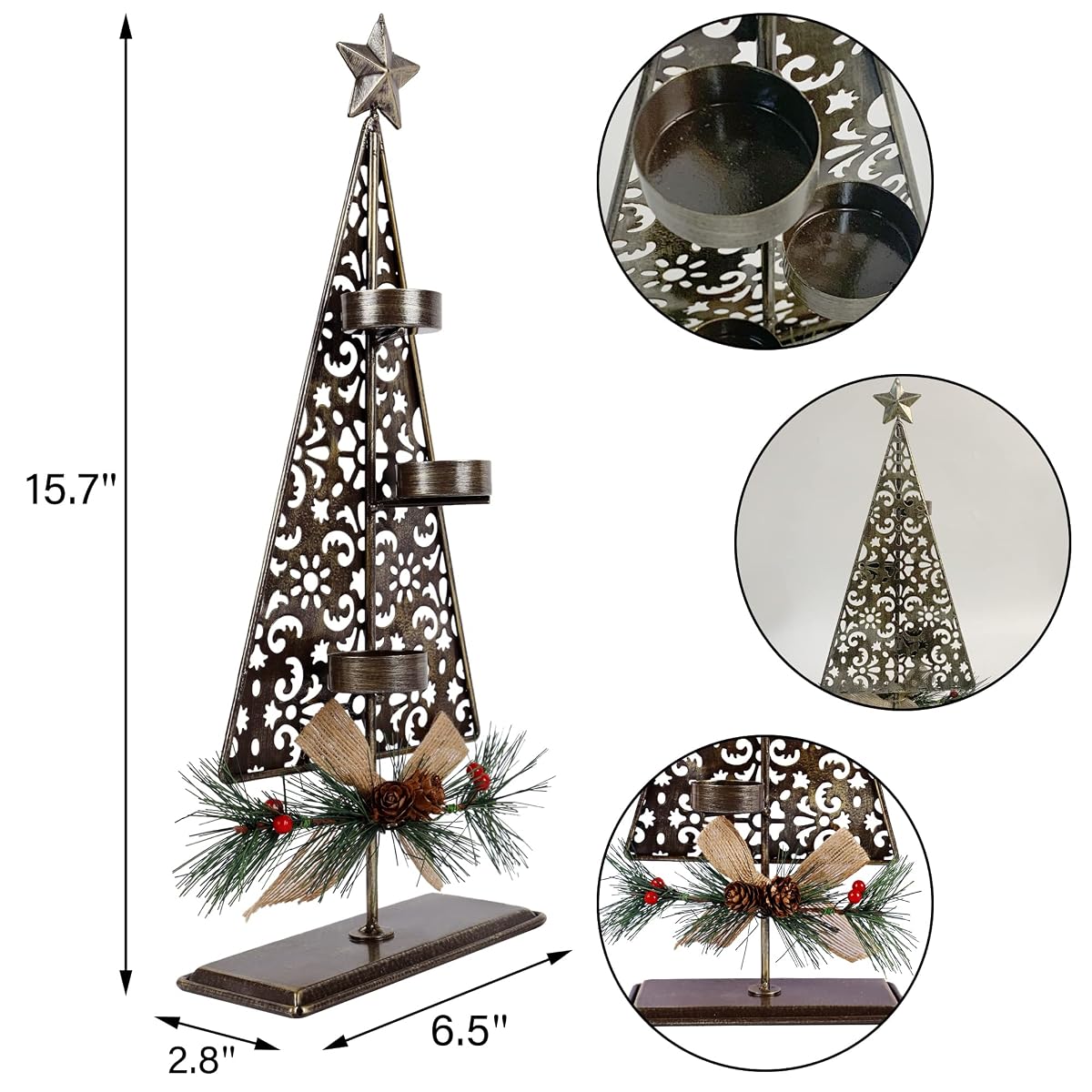 winemana Tea Light Candle Holders, Christmas Decoration Xmas Tree Metal Tealights Candleholder with Pinecones, Christmas Tabletop Centerpieces for Home Kitchen Fireplace Mantle Holiday Party Decor - imagem de detalhe 2