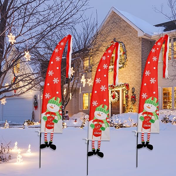 winemana Christmas Outdoor Decorations Set of 3 Snowman Feather Flag Banners, 5 Ft Merry Christmas Flags Yard Sign Stakes, Perfect for Garden Yard Lawn Front Porch Holiday Party