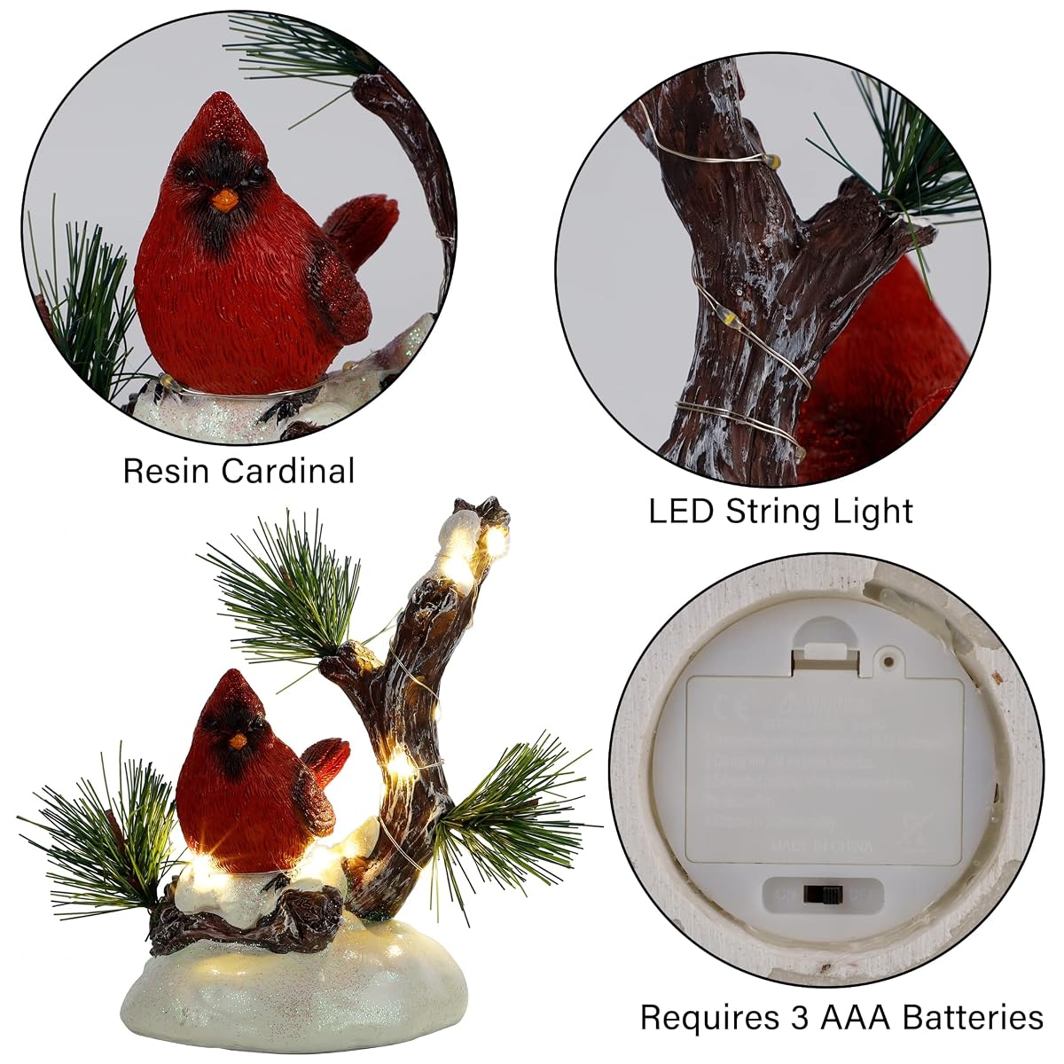 winemana Christmas Tabletop Decorations, LED Lights Cardinal Resin Ornament, Lighted Red Bird on Snowy Pine Tree Holiday Decor for Indoor Home Table Desk Kitchen Room Xmas Party - imagen de detalle 4