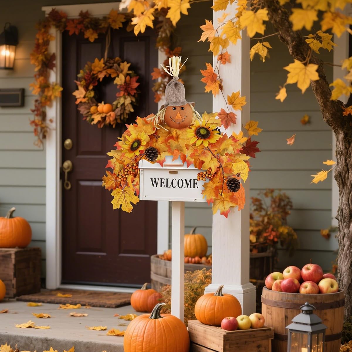 winemana 31.5in Outdoor Fall Decor for Mailbox, Lighted Fall Swag with 8 Modes & Timer, Autumn Scarecrow & Sunflower Thanksgiving Table Centerpiece Decorations - imagem de detalhe 1