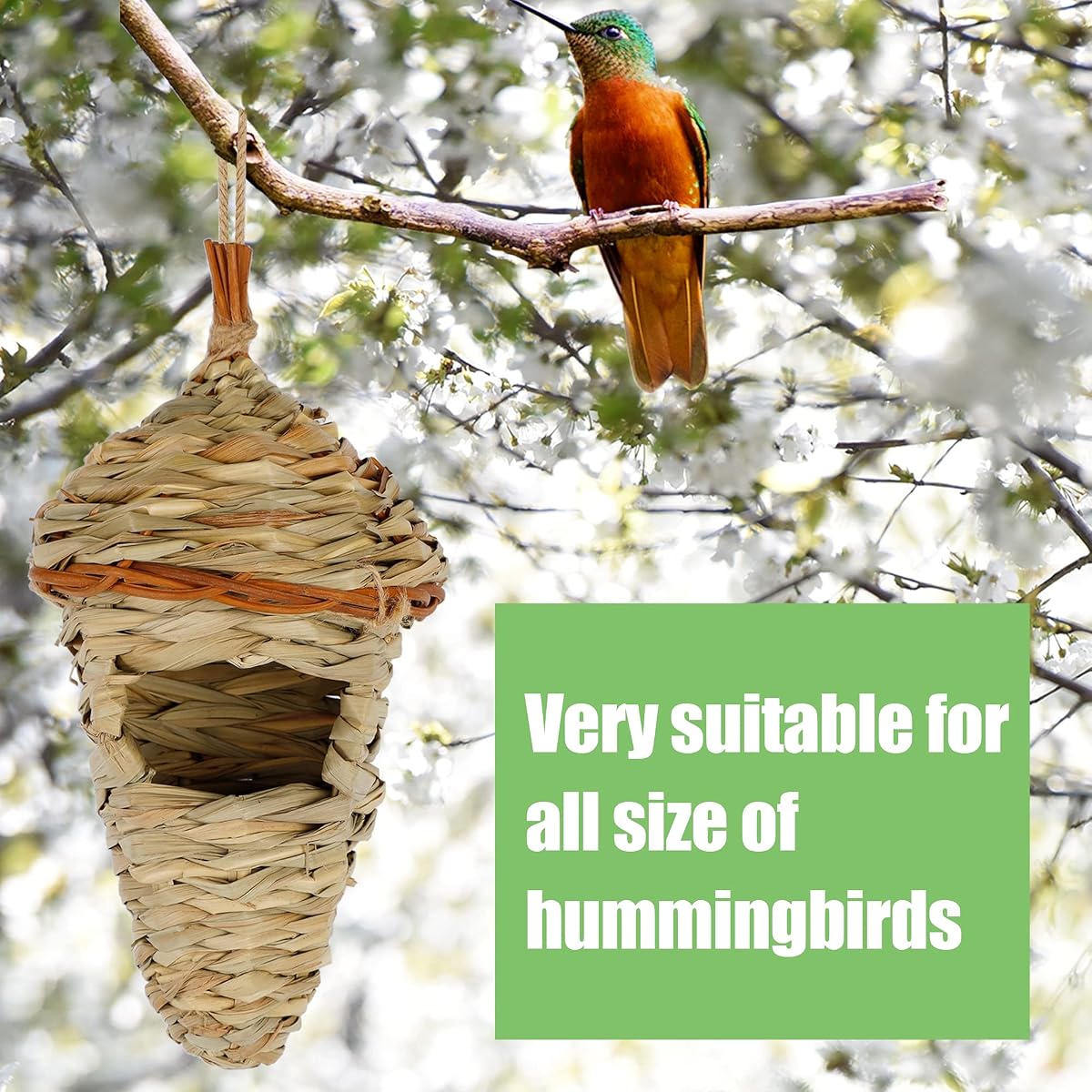 winemana 2 Pack Hanging Hummingbird Nest House, Durable Hand Woven Bird Hut, Made of Natural Grass, Perfect for Outdoor Garden Patio Lawn - imagem de detalhe 3