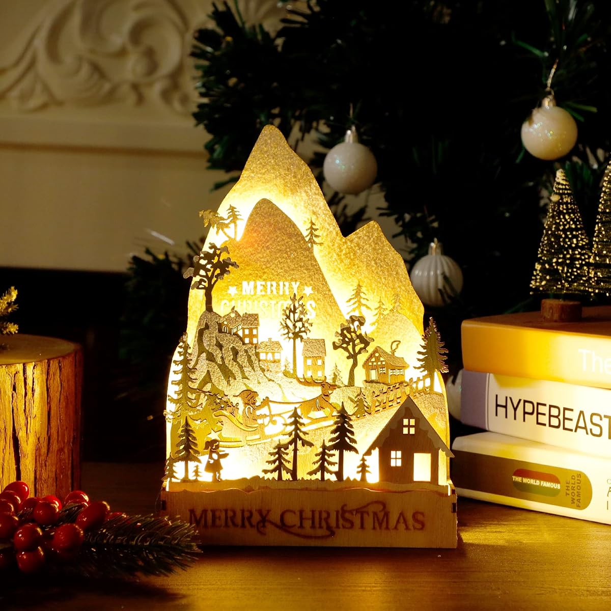winemana Christmas Lighted Table Decorations, 9.4" x 6.7" Merry Christmas Snowy Village, Battery-Operated Wooden Tabletop Ornaments for Home Kitchen Fireplace Office Desk Indoor Holiday Decor - detail image 5
