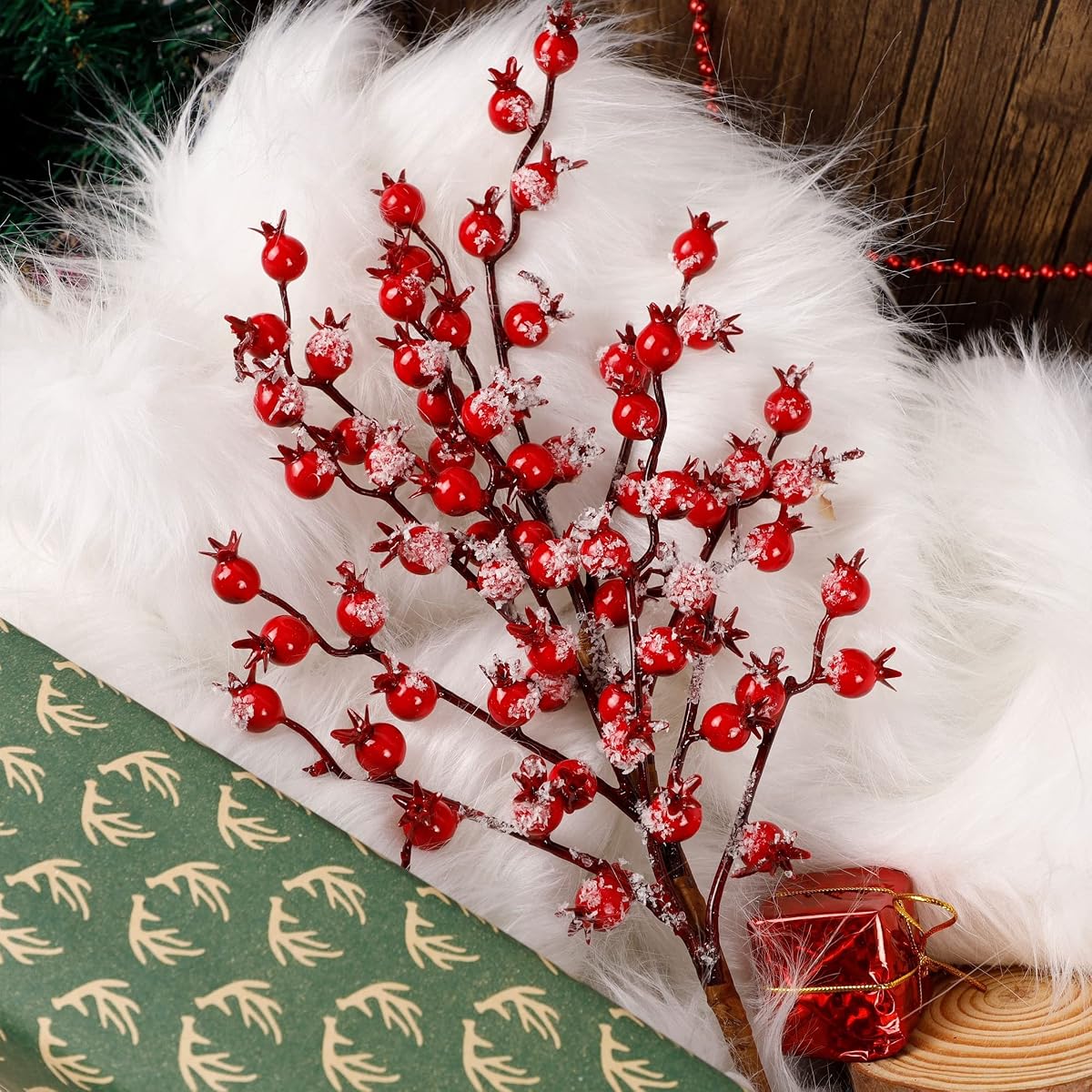 winemana 3 Pack 17 in Large Red Berry Picks, Artificial Christmas Berries Stems with Ice Snow Long Pomegranate Berry for Crafts Garland Home Party Christmas Decoration - imagem de detalhe 6