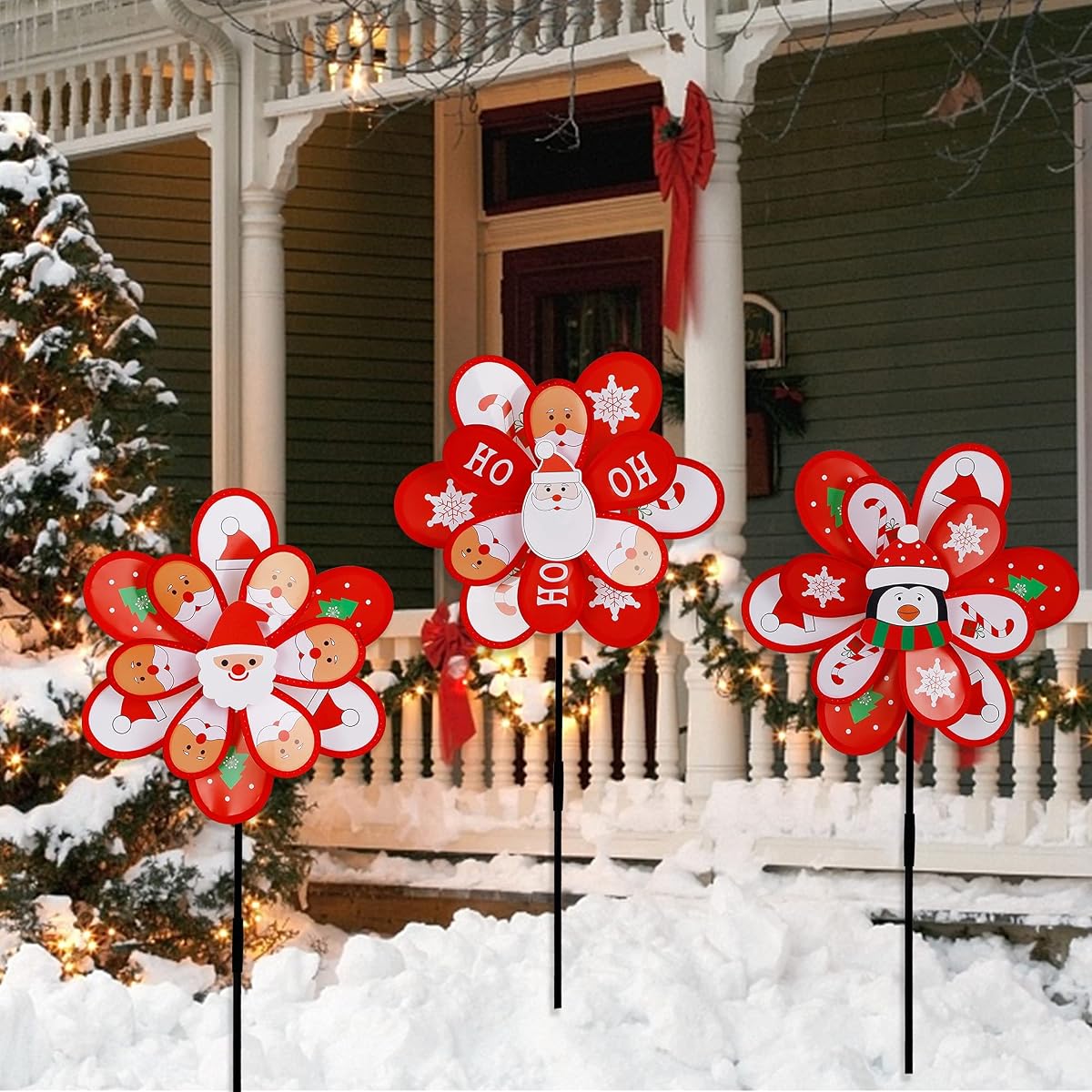 winemana Christmas Yard Decorations Pinwheels with Stakes, Set of 3 DIY Wind Spinner Windmill with Santa Claus Penguin Ornaments for Outdoor Garden Lawn Front Porch Winter Xmas Decor - detail image 5