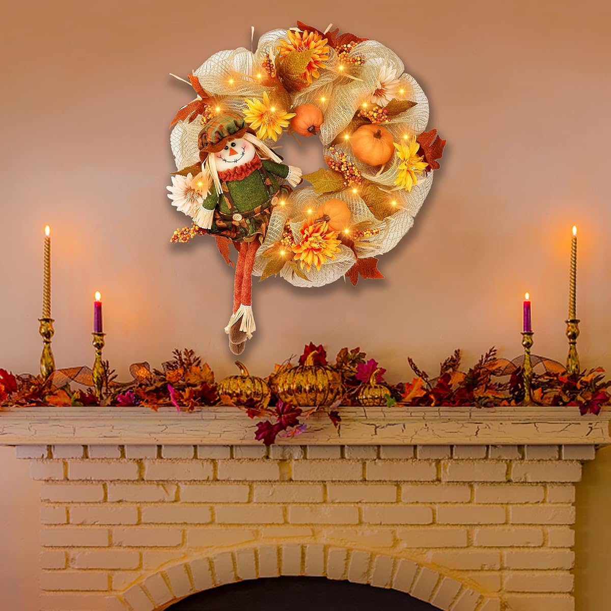 winemana 18 Inch Thanksgiving Wreath with Scarecrow Pumpkin Artificial Flowers Maple Leaves Berry, Front Door LED Lights Ribbon Wreath Fall Autumn Decorations for Indoor Outdoor - 细节图 4
