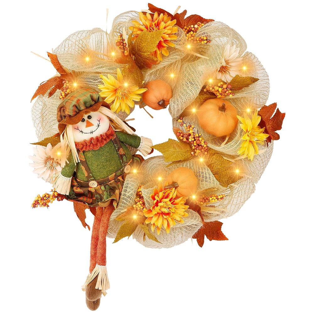 winemana 18 Inch Thanksgiving Wreath with Scarecrow Pumpkin Artificial Flowers Maple Leaves Berry, Front Door LED Lights Ribbon Wreath Fall Autumn Decorations for Indoor Outdoor