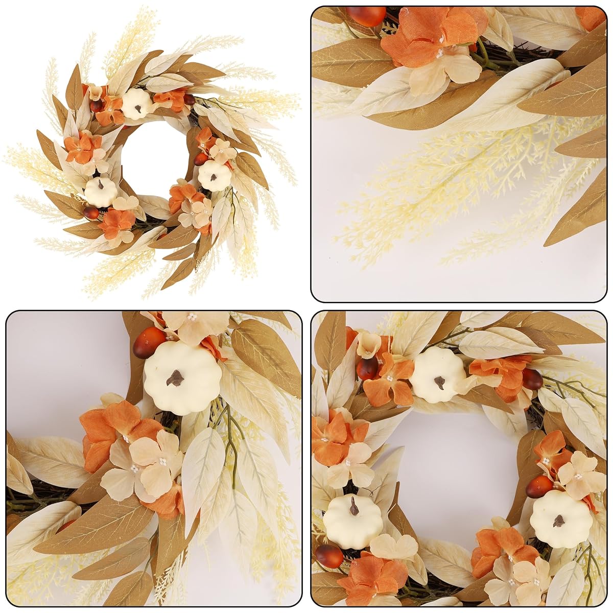 winemana Fall Wreath Decor Wreaths for Front Door Thanksgiving Indoor Decorations, 21.6 Inch Autumn Wreath with White Pumpkin for Table Home Outdoor Farmhouse Harvest Decor - imagem de detalhe 4
