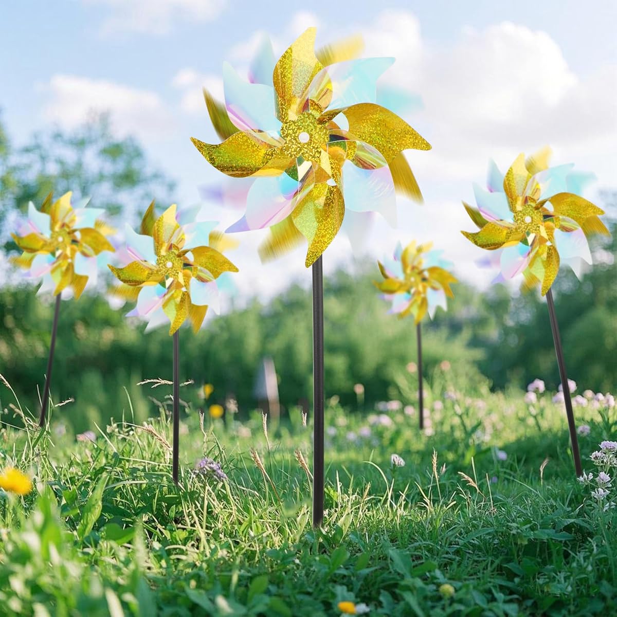 winemana 12 Pcs Reflective Pinwheels Outdoor, Wind Spinners for Yard & Garden, Sparkly Bird Repellent Windmill Scare Birds Away, Deterrent Devices for Outside Patio Lawn Spring Decor (Yellow) - imagem de detalhe 5