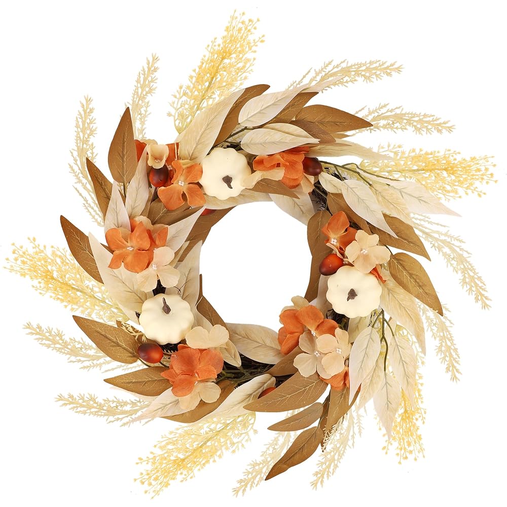 winemana Fall Wreath Decor Wreaths for Front Door Thanksgiving Indoor Decorations, 21.6 Inch Autumn Wreath with White Pumpkin for Table Home Outdoor Farmhouse Harvest Decor