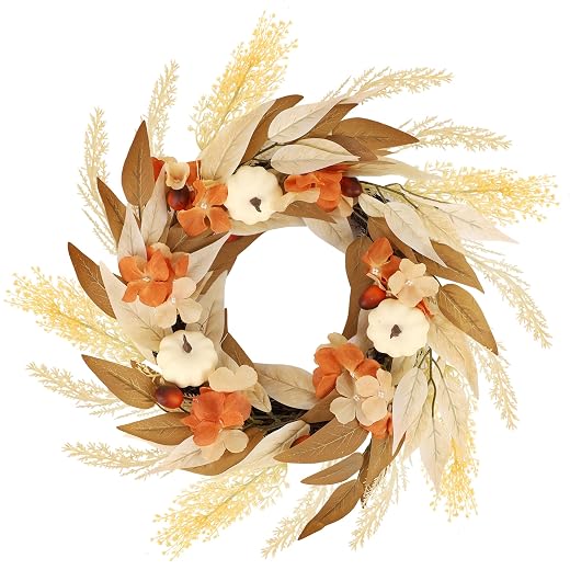 winemana Fall Wreath Decor Wreaths for Front Door Thanksgiving Indoor Decorations, 21.6 Inch Autumn Wreath with White Pumpkin for Table Home Outdoor Farmhouse Harvest Decor